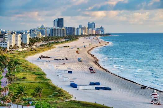Aerial photo of Miami Beach with skyline and ocean, showcasing a vibrant summer cityscape.